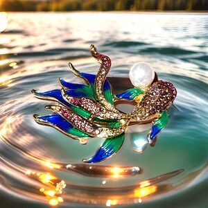 Beta Fish Brooch/Pin/Pendant Rhinestones Faux Pearl Gold Toned Enamel New